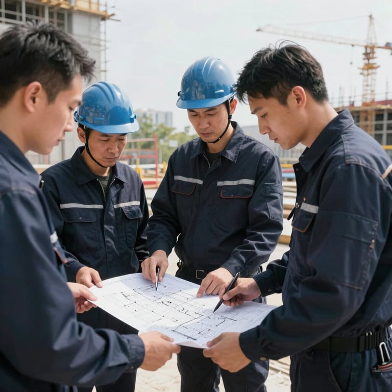 A team of expert electricians in dark navy uniforms collaborating over technical blueprints on a bright construction site.