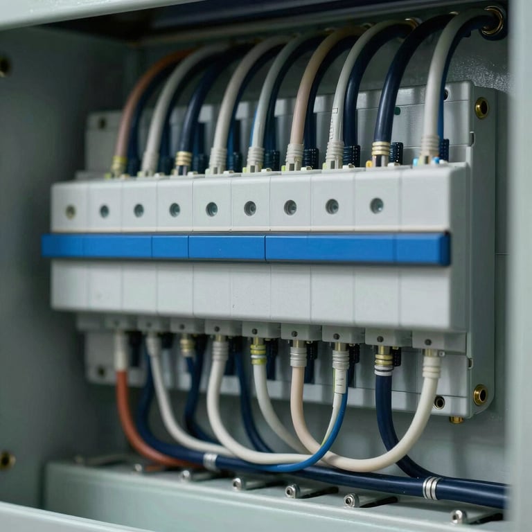 Macro shot of a complex industrial electrical panel with perfectly organized wires in dark navy and light blue colors.