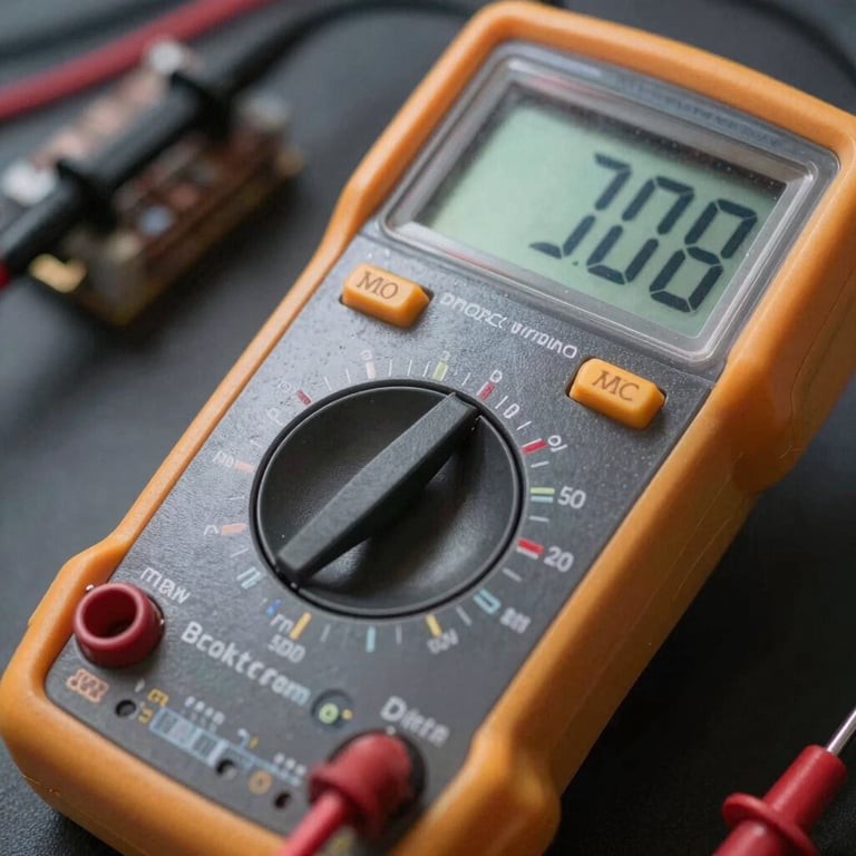 Close-up of a digital multimeter measuring voltage on a modern electrical component with professional precision.