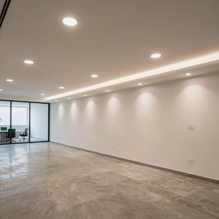Wide shot of a newly renovated commercial office in South America featuring clean, recessed lighting and modern electrical fixtures.