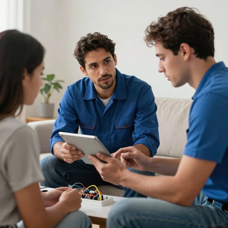 A South American / Brazilian electrician using a tablet to explain a wiring project to a client in a modern off-white living room.