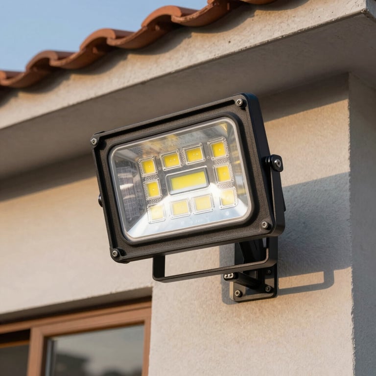 Installation of energy-efficient LED floodlights on the exterior of a Brazilian home at dusk, focusing on the hardware.
