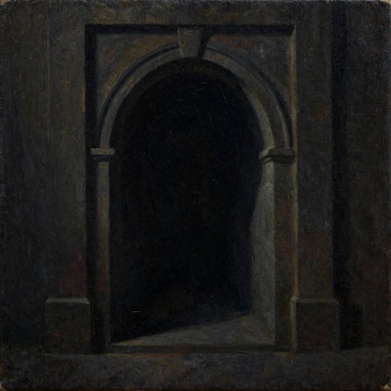 Frontal shot of a dark surrealist oil painting depicting a distorted architectural arch fading into black dust, chiaroscuro lighting, textured canvas, 35mm