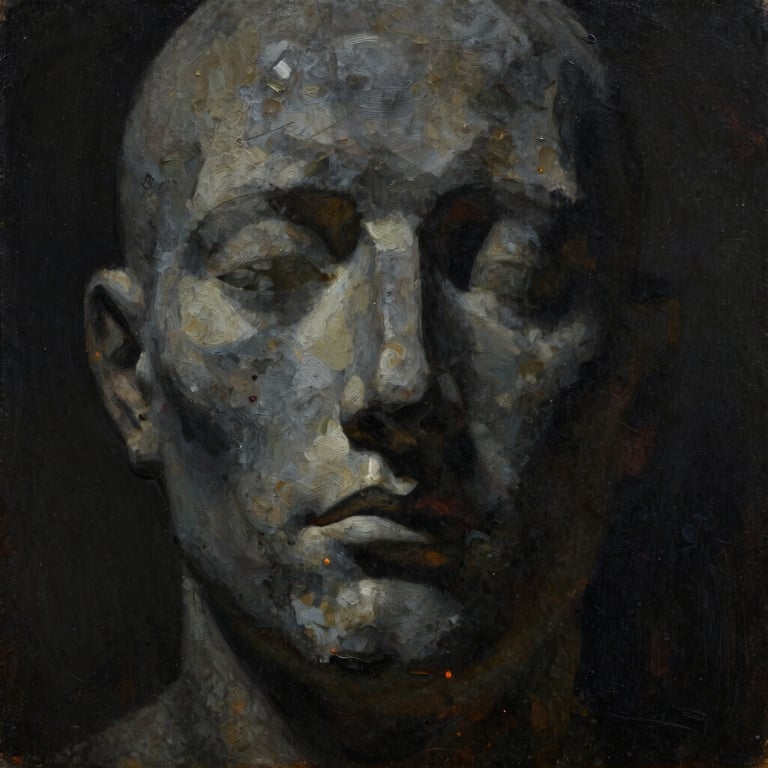 Frontal shot of a dark surrealist oil painting showing a silent stone face dissolving into shadows, dramatic side lighting, rich textured oil paint, 35mm