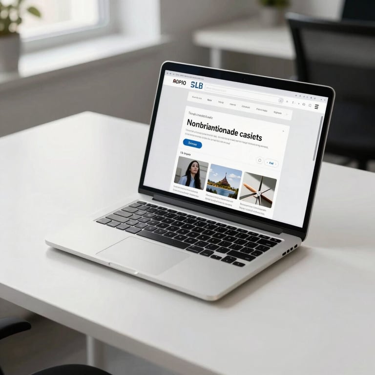 Minimalist shot of a premium laptop on a clean white desk in a light-filled North American office, focusing on a professional web interface.