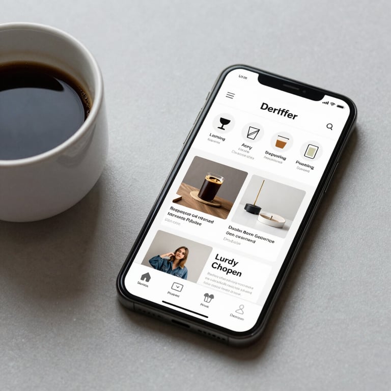 Clean, still-life photography of a high-end smartphone displaying a responsive website layout beside a cup of black coffee.