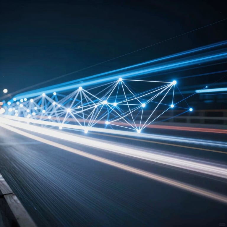 Abstract photography of blue and white light trails representing high-speed digital connectivity and innovation.