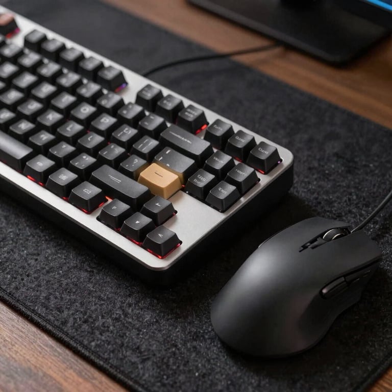 A high-quality close-up of a modern mechanical keyboard and a sleek designer mouse on a dark felt desk mat.