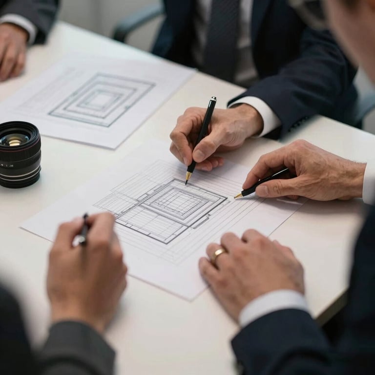 Detail of a designer's hands collaborating over a printed wireframe in a sophisticated, modern meeting room.