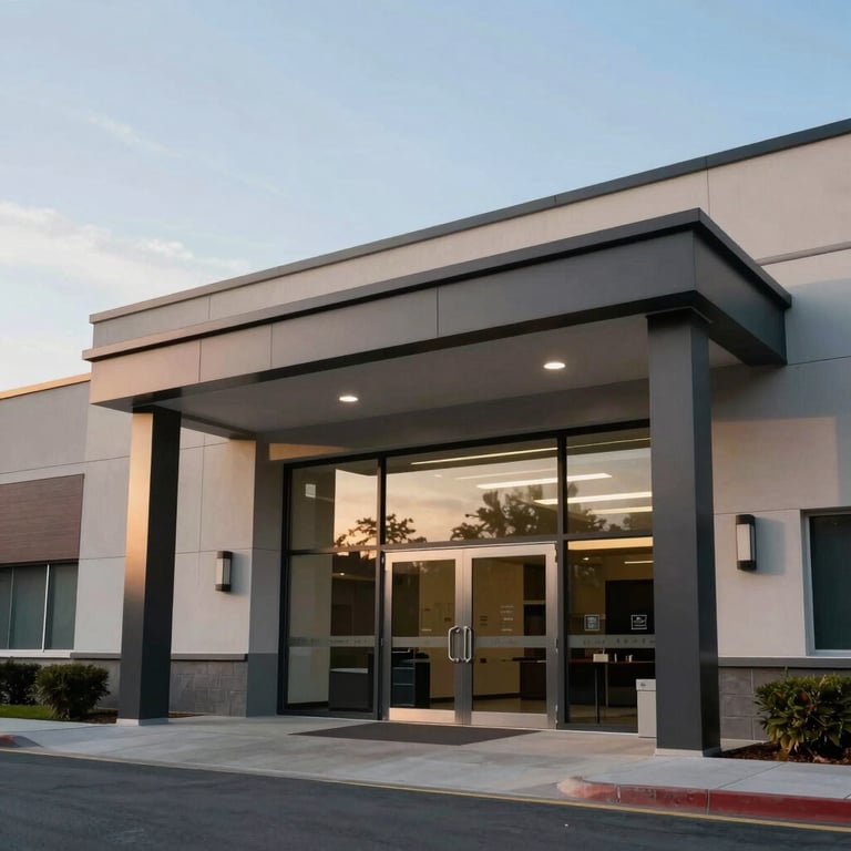 An outdoor shot of the professional building entrance under a soft sky blue sky.