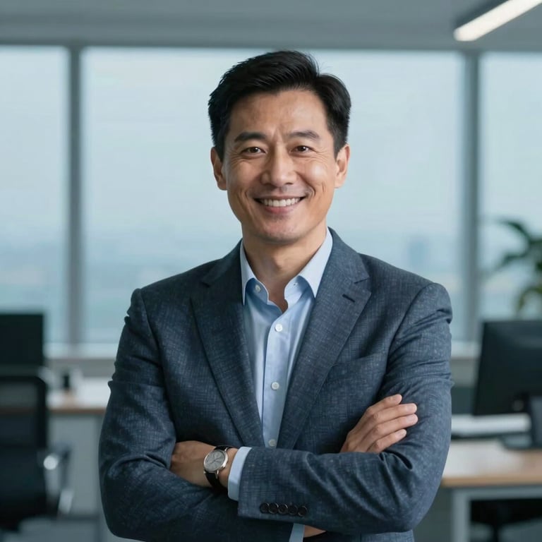 A portrait of a confident, smiling professional consultant in a muted ocean blue office setting.