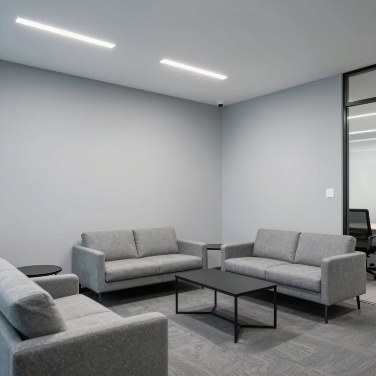 A wide shot of a bright, modern office waiting room with pale cloud grey walls and comfortable seating.