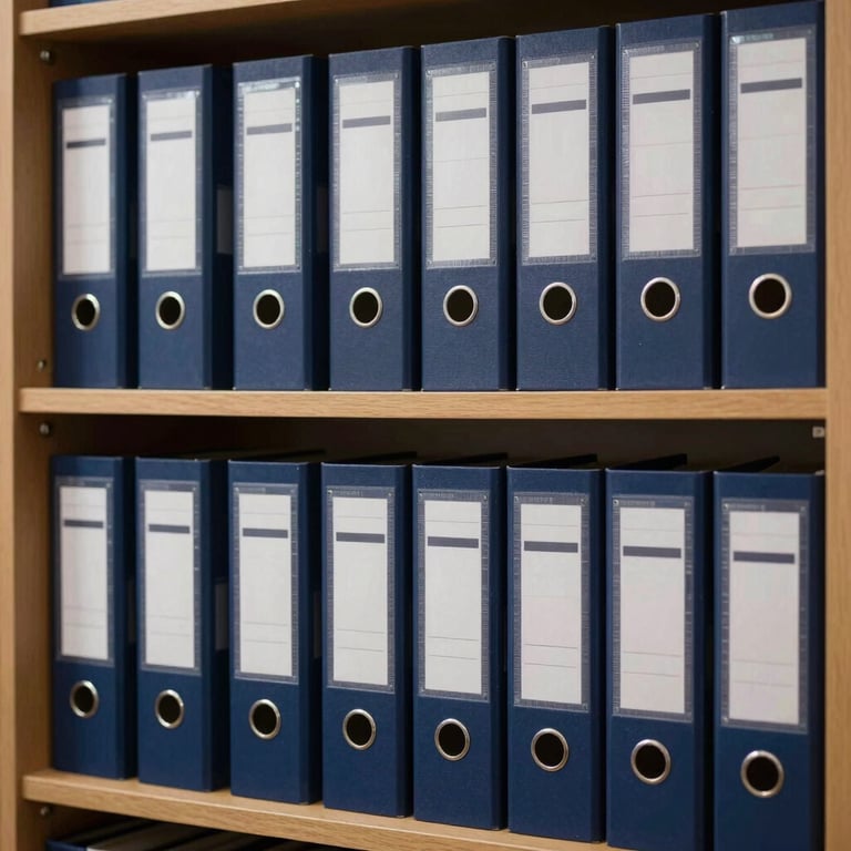 A shelf of organized legal files in a deep navy blue binder system, representing efficiency.