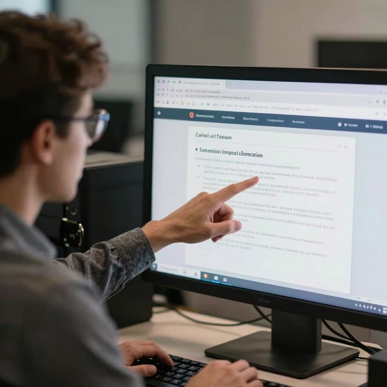 A consultant pointing at clear information on a computer screen for an attentive client.