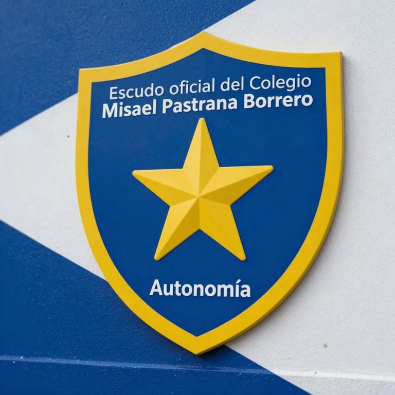 Escudo oficial del Colegio Misael Pastrana Borrero, destacando los colores institucional azul, blanco y detalles en amarillo académico con el lema de autonomía.