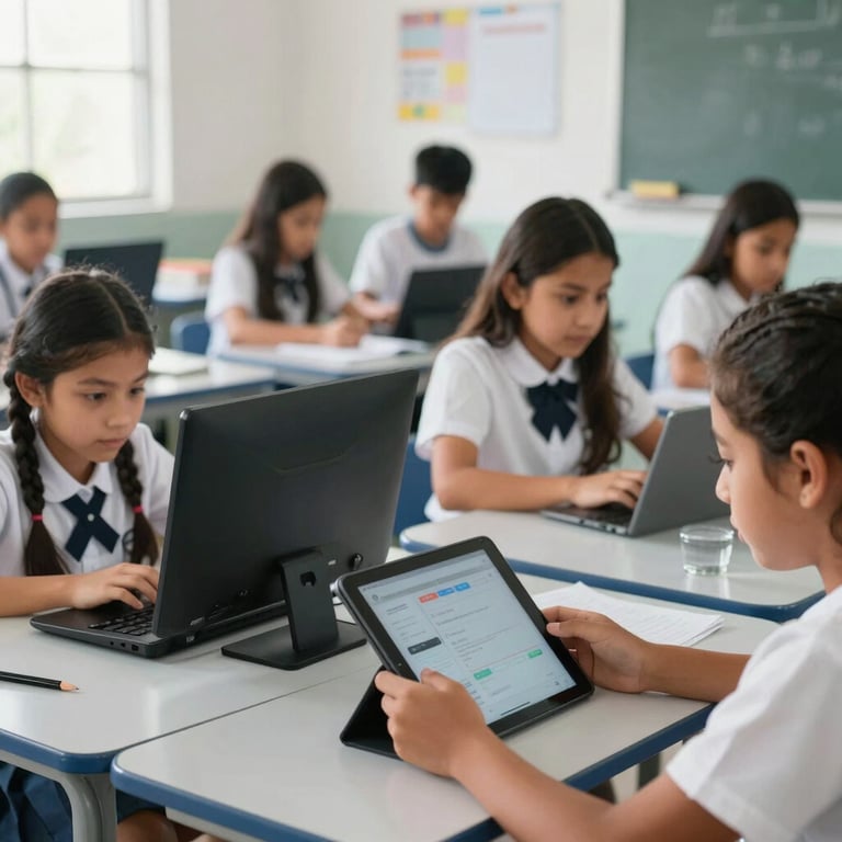 A bright and airy classroom in Latin America where students are using tablets and computers for interactive learning.