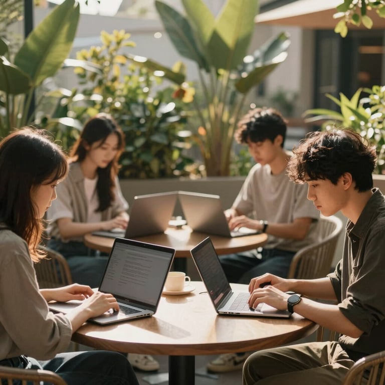 A peaceful outdoor study area with comfortable seating and people learning on their laptops, warm sunlight and plants.