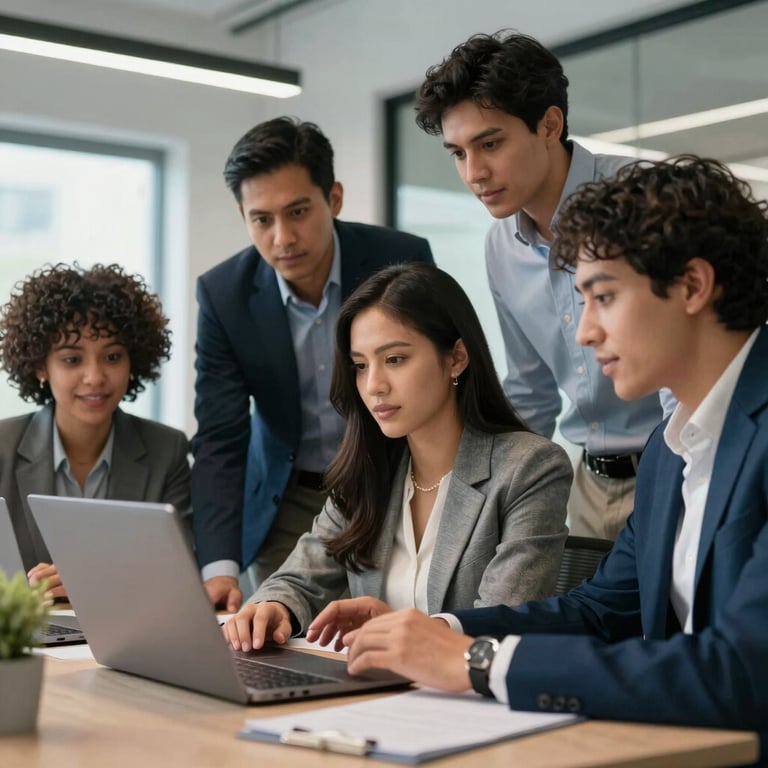 A group of diverse professionals in a Latin American office collaborating over a laptop, modern professional style with teal accents.