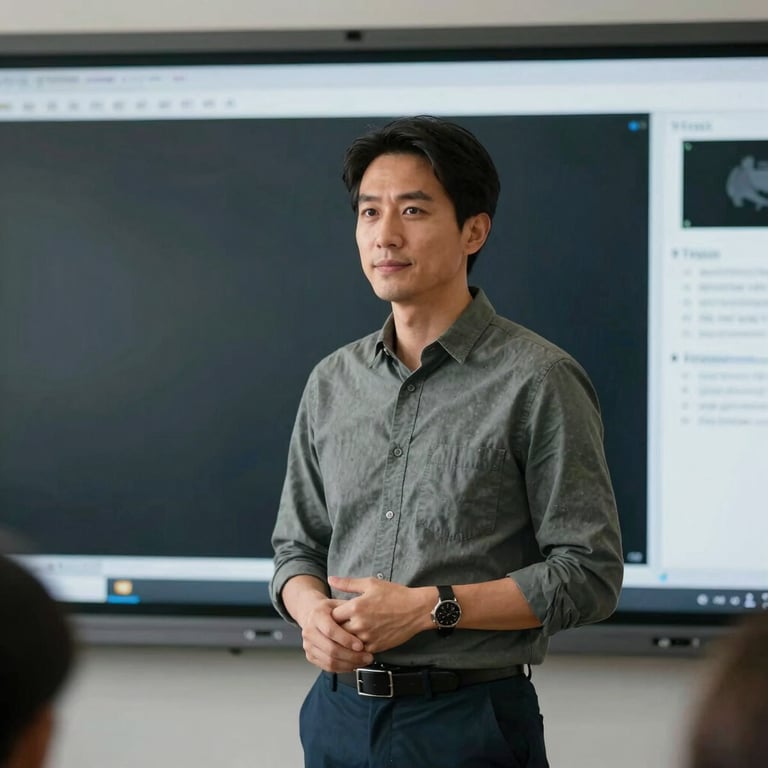 A portrait of a confident instructor presenting on a digital screen, modern attire, in a professional educational setting.