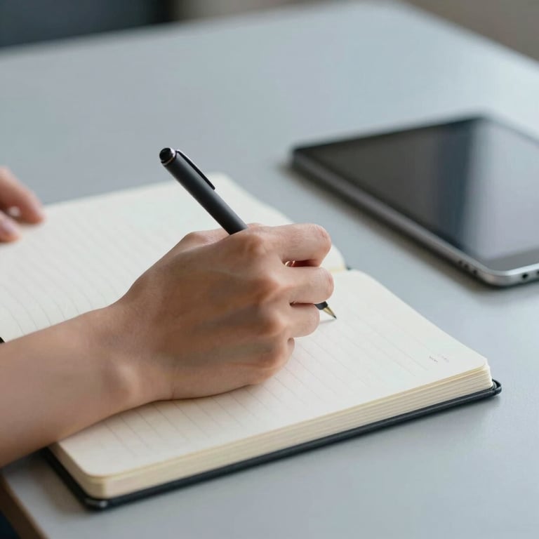 Close-up of a person taking notes in a clean, modern notebook next to a digital tablet, soft focus on the light blue gray desk.