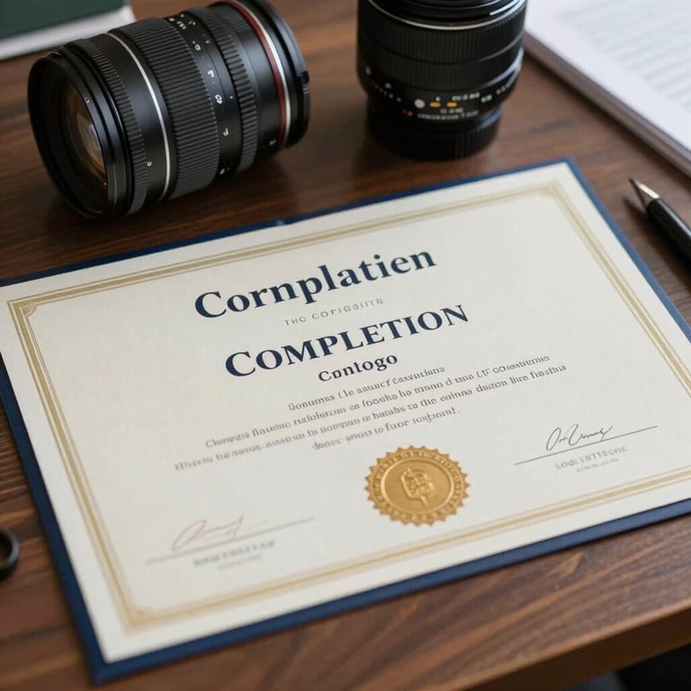 A detailed shot of a certificate of completion resting on a desk with professional tools, representing academic success and growth.