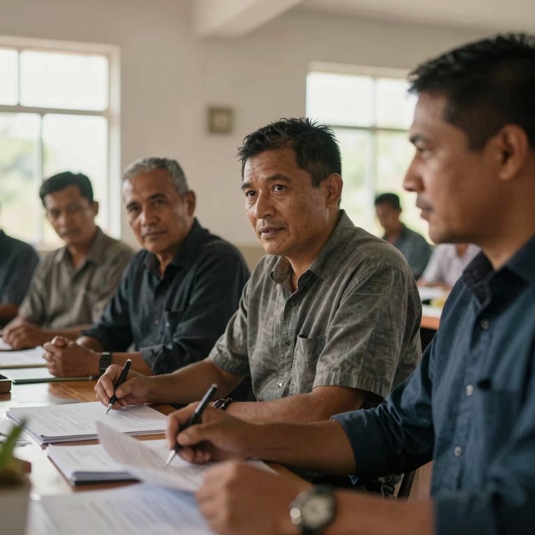 Medium close-up of local village leaders in a community hall discussing development plans, natural light from side windows, authentic focus.