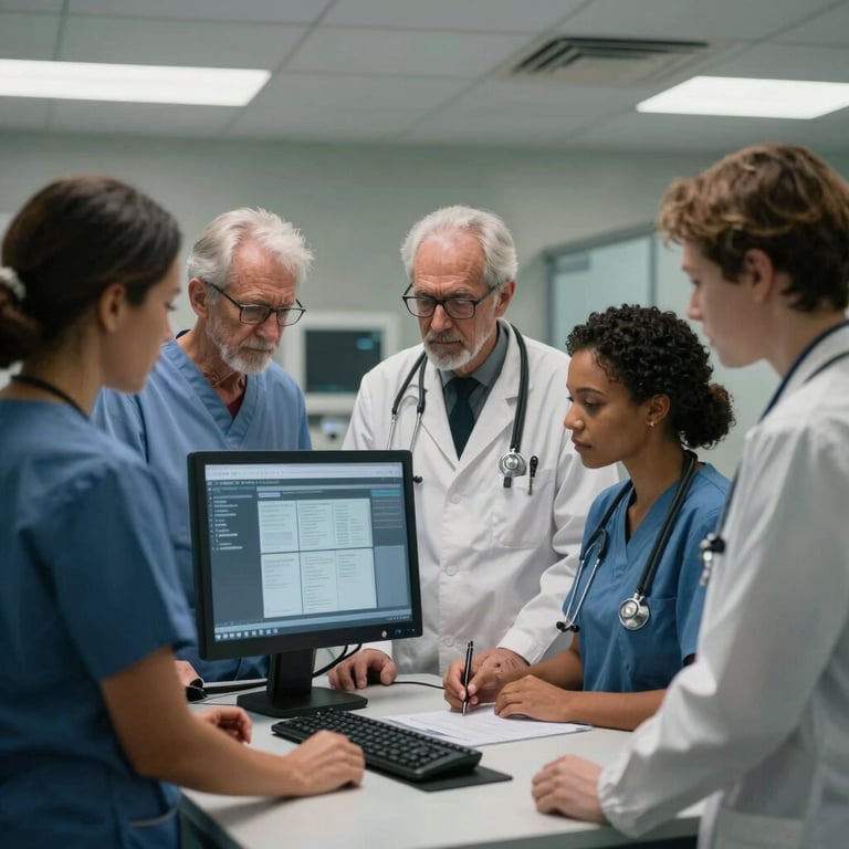 A group of diverse medical staff in a North American setting collaborating around a high-tech digital workstation.