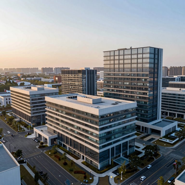 Aerial view of a contemporary healthcare campus in the US at dawn, reflecting modern architectural design.
