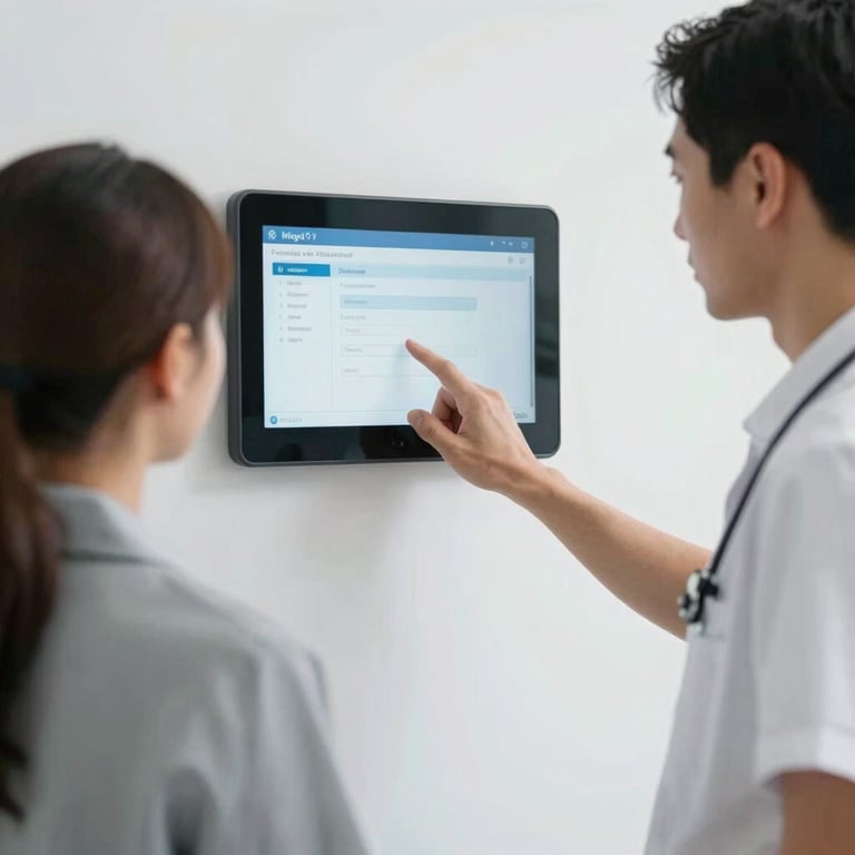 A healthcare professional interacting with a patient while using a wall-mounted touch screen interface in a bright clinic.