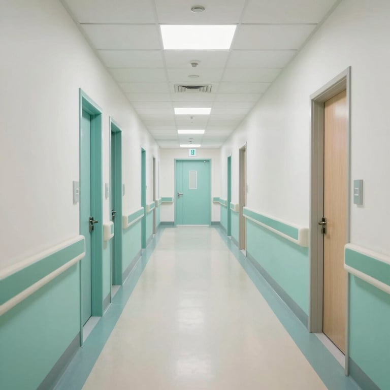 A bright, modern US hospital corridor with clean lines and Seafoam Green accents.