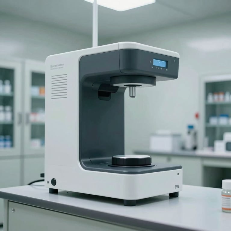 A secure pharmaceutical storage room featuring automated scanning technology, high-key lighting.