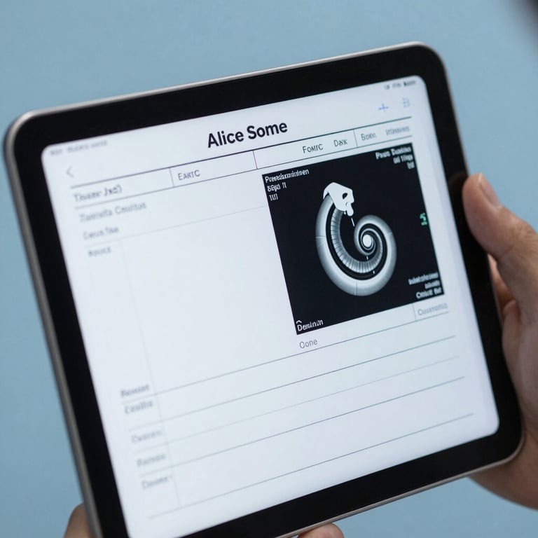 Close-up of a digital medical chart displayed on a high-resolution tablet, clean Alice Blue background.