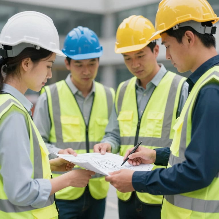 A group of engineers in safety vests consulting over plans, embodying reliability and expertise.