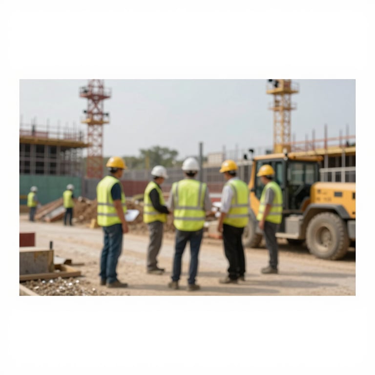 A tidy, professional construction site under management, showing safety and order, muted daylight.