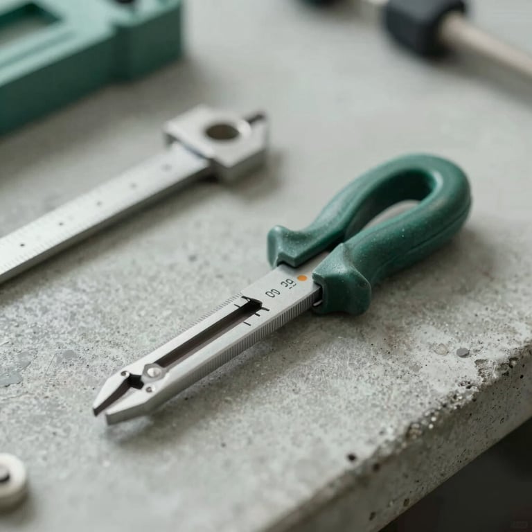 Precision measurement tools on a concrete surface, technical and sharp focus, subtle greens #84A98C.