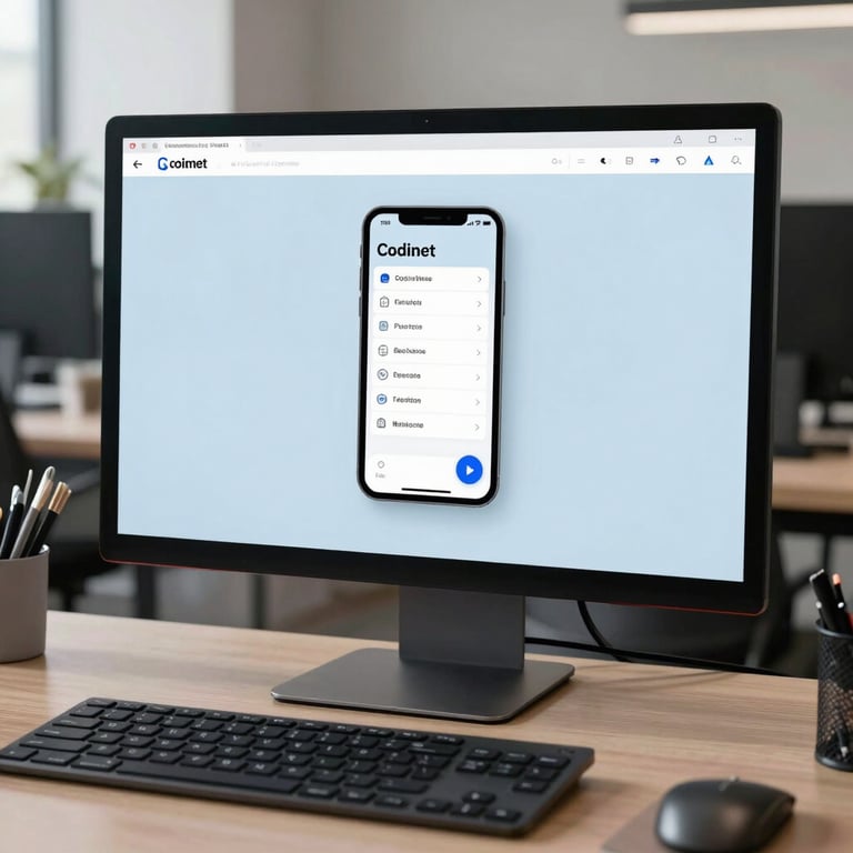 A modern desk setup in a North American office with a sleek monitor showing a responsive mobile app mockup, utilizing light blue and muted grey tones.