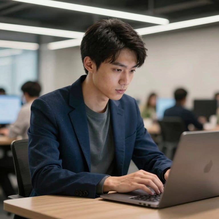 Professional developer working on a laptop in a modern North American co-working space, wearing a dark blue blazer with a blurred tech office background.