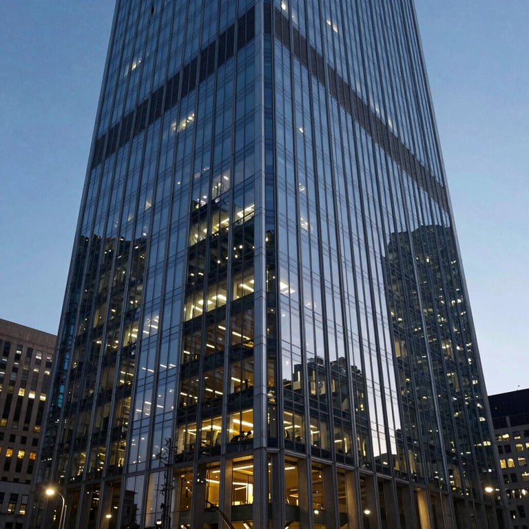The exterior of a modern glass skyscraper in a North American city at dusk, with reflected blue lights representing innovation and corporate growth.