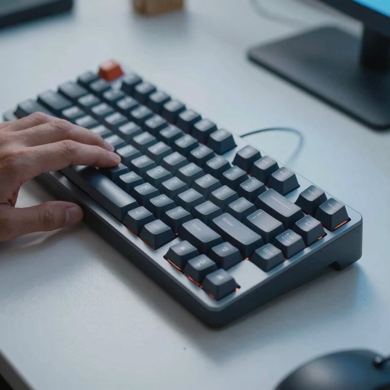 Detail shot of a mechanical keyboard and designer's hands in a clean, minimalist workstation, capturing a professional creative mood with soft blue lighting.