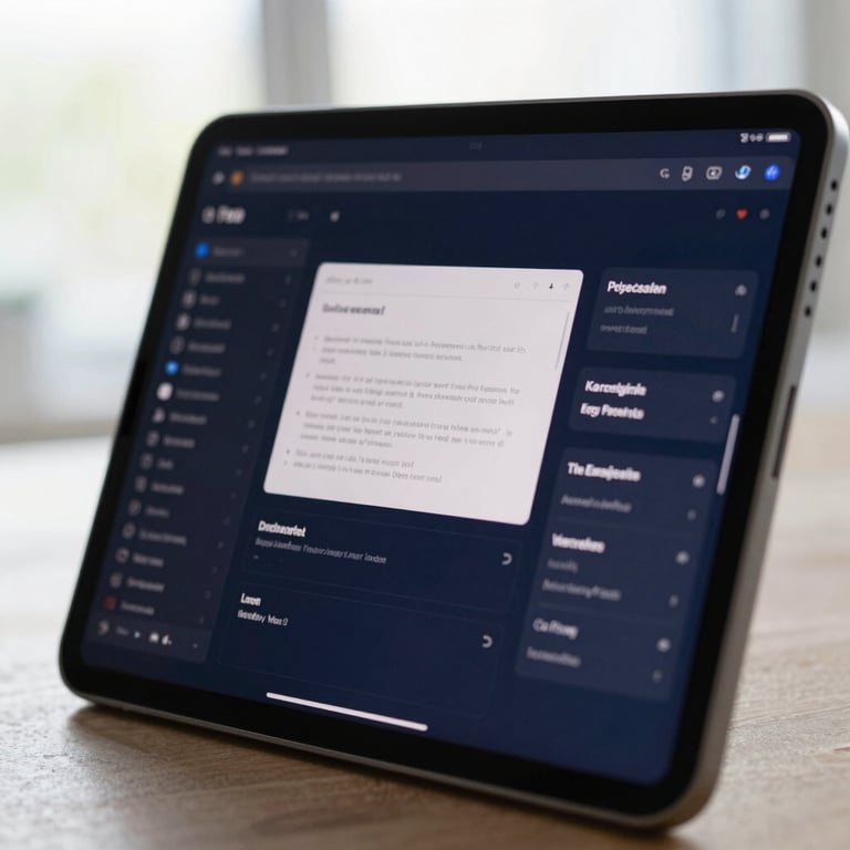 Close-up of a high-resolution tablet screen displaying a sophisticated user interface design with deep navy accents in a bright North American studio.
