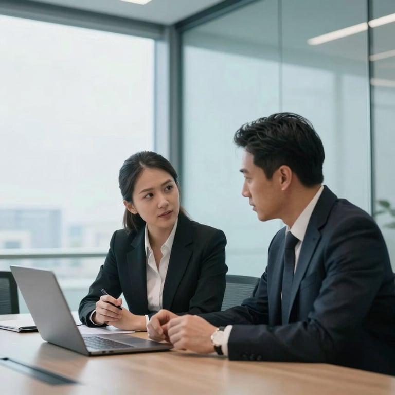 Two business professionals in a modern glass-walled meeting room in the US, discussing digital strategy in a bright and airy light blue environment.