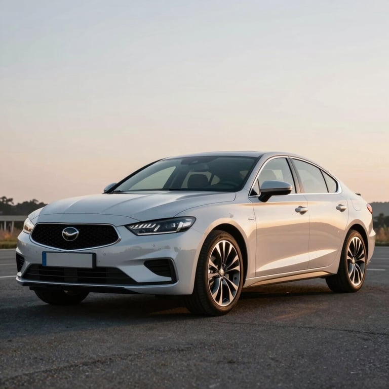 A sleek silver sedan parked on a clean asphalt surface, soft morning light reflecting off the Mist White metallic paint.