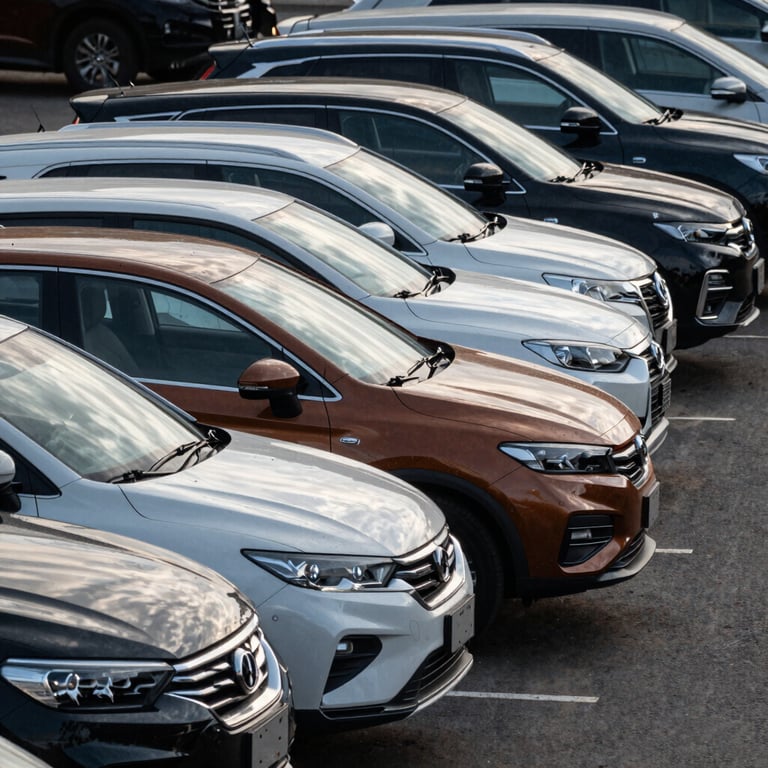 A row of diverse used vehicles, including SUVs and compact cars, lined up perfectly in a well-lit lot.