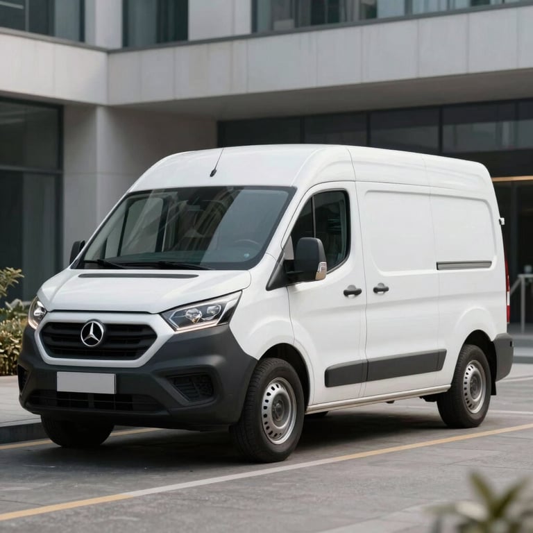 A white utility van parked in a clean, modern urban setting with architectural lines in the background.