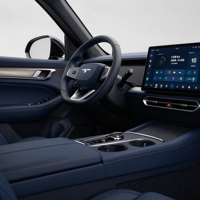 The professional interior of a vehicle showing pristine Deep Midnight Blue upholstery and a modern navigation system.
