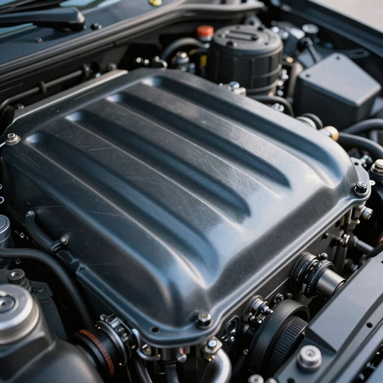 Close-up of a perfectly maintained car engine, showing extreme cleanliness and technical care, reflecting Slate Steel Blue tones.