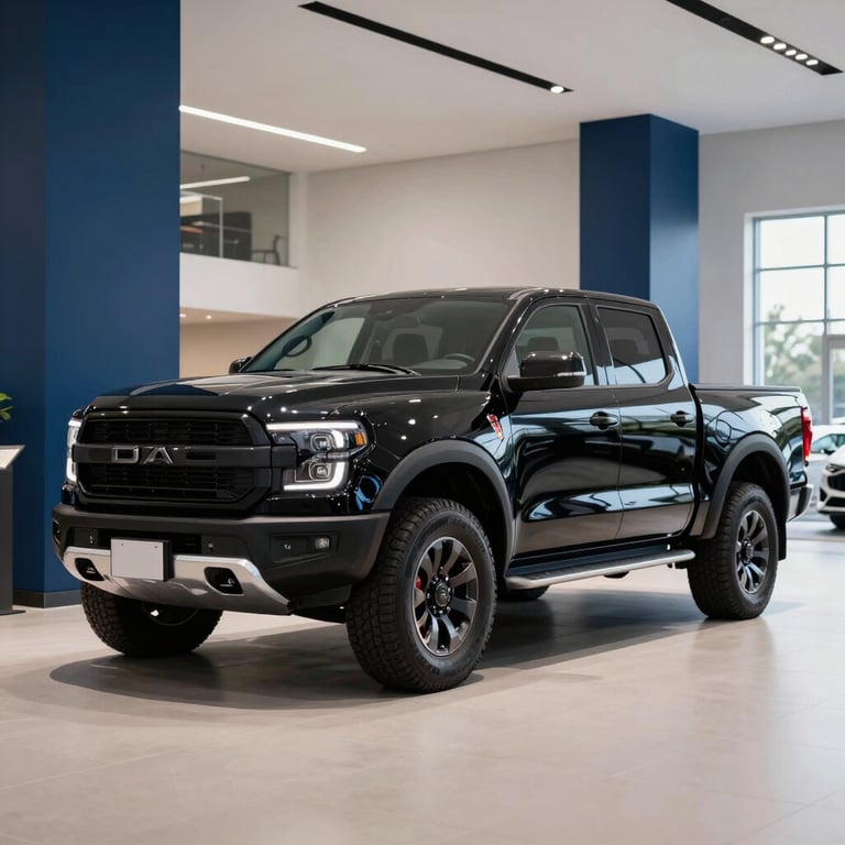 A powerful black pickup truck in a minimalist showroom with Deep Midnight Blue pillars and bright professional lighting.