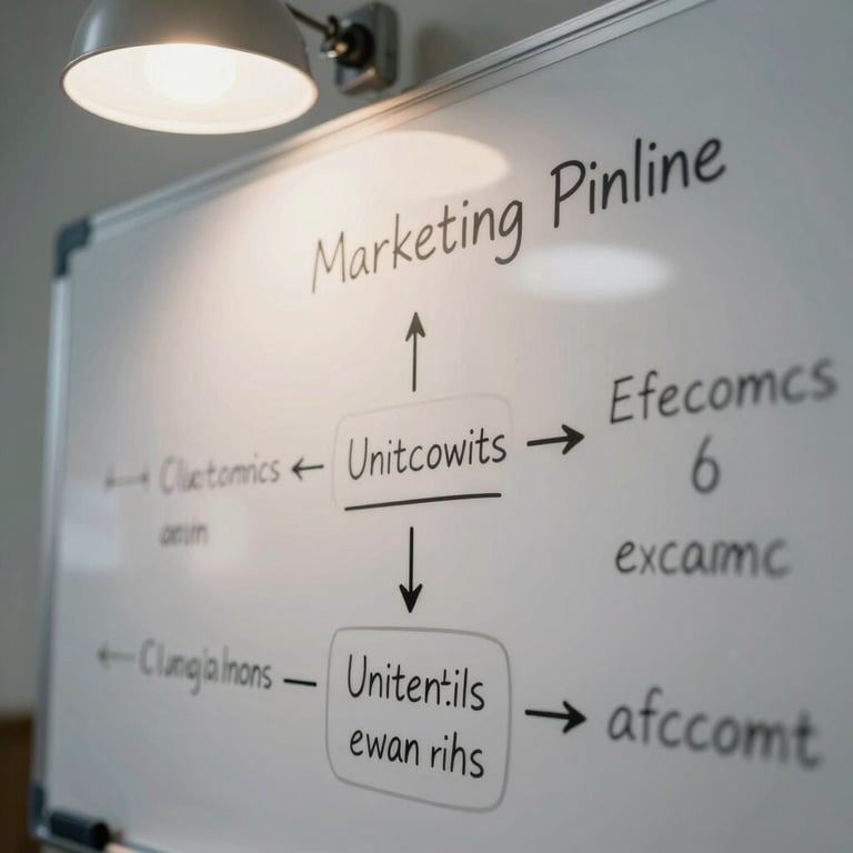 Macro close-up shot of a physical whiteboard with detailed marketing pipeline math and unit economics formulas, focused desk lamp lighting.