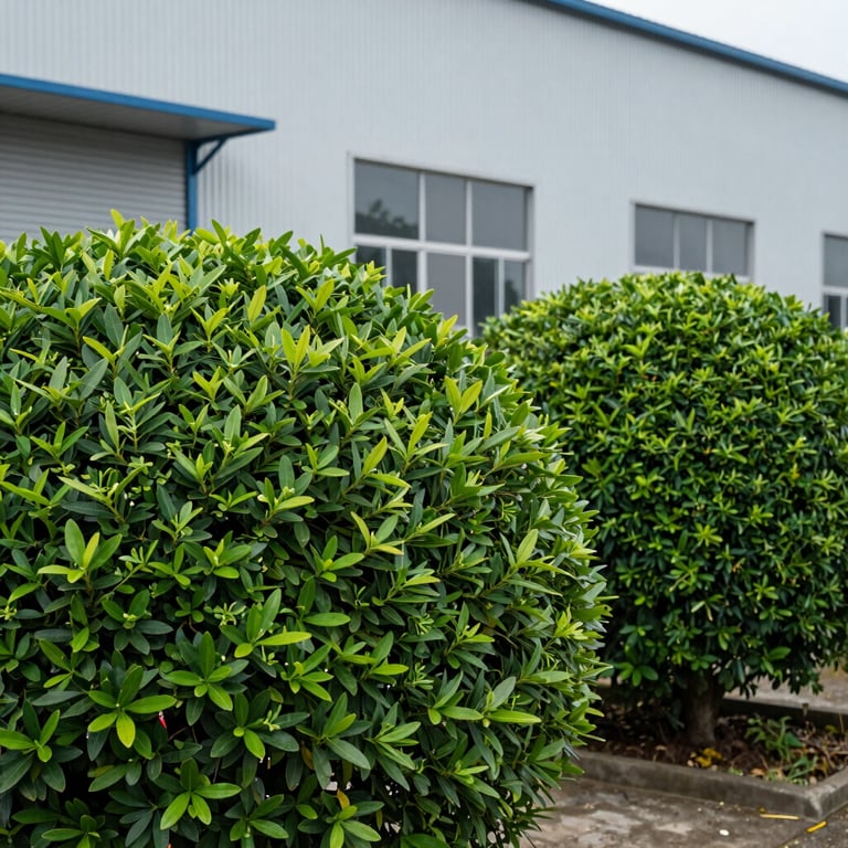 Detail of a vibrant green hedge perfectly trimmed next to a clean industrial building facade, balancing both activities.