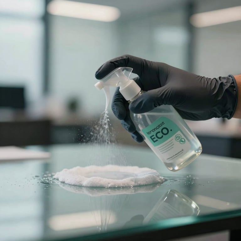 Close-up of a professional in Dark Slate gloves using eco-friendly cleaning spray on a glass surface in a modern office.